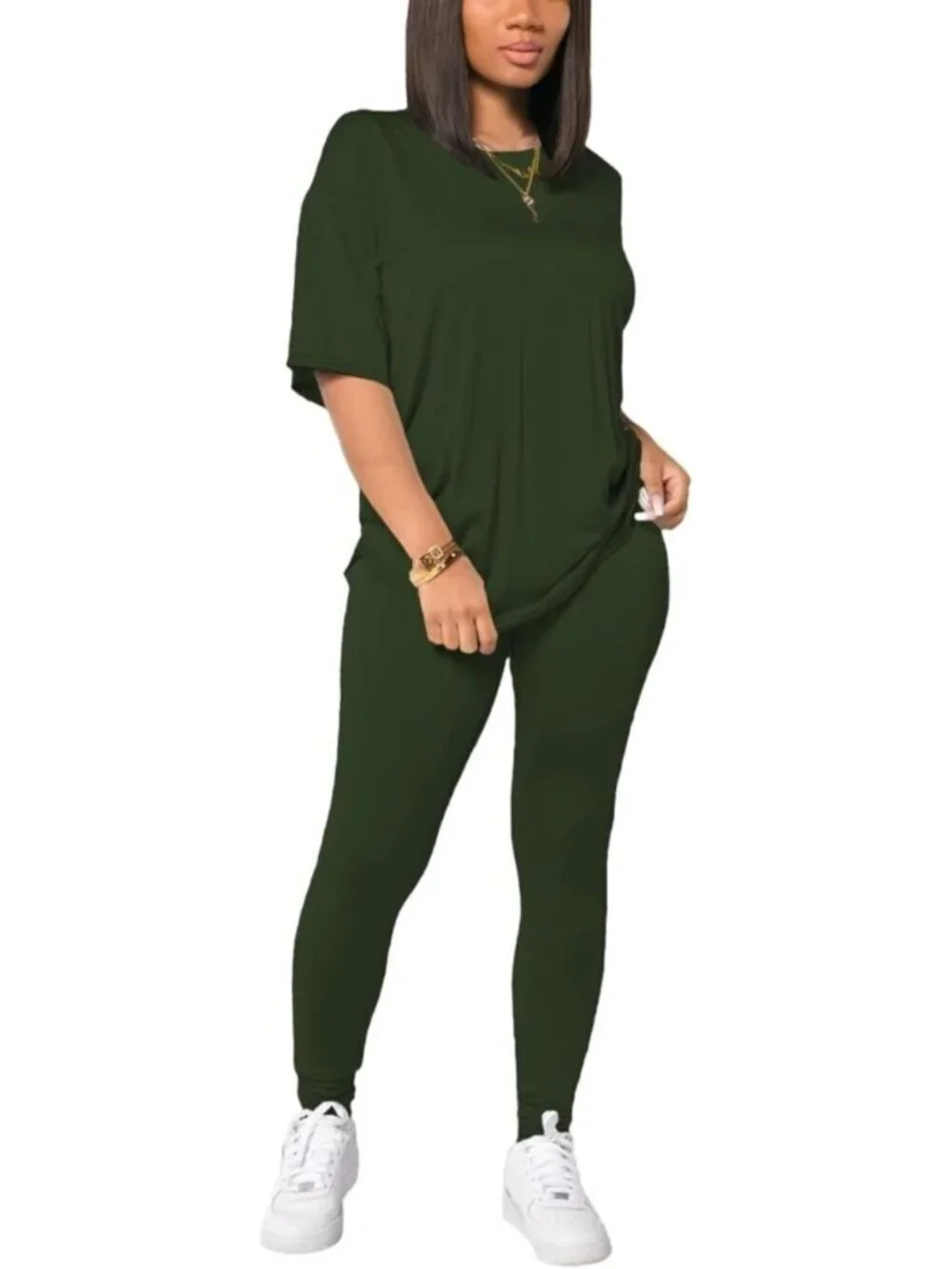 Women's Army Green 2 Piece Outfits Summer Sweatsuits Drop Shoulder Tracksuits